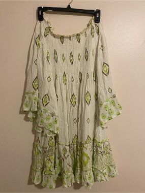 Ranees Boho White & Lime Embroidered Peasant Dress